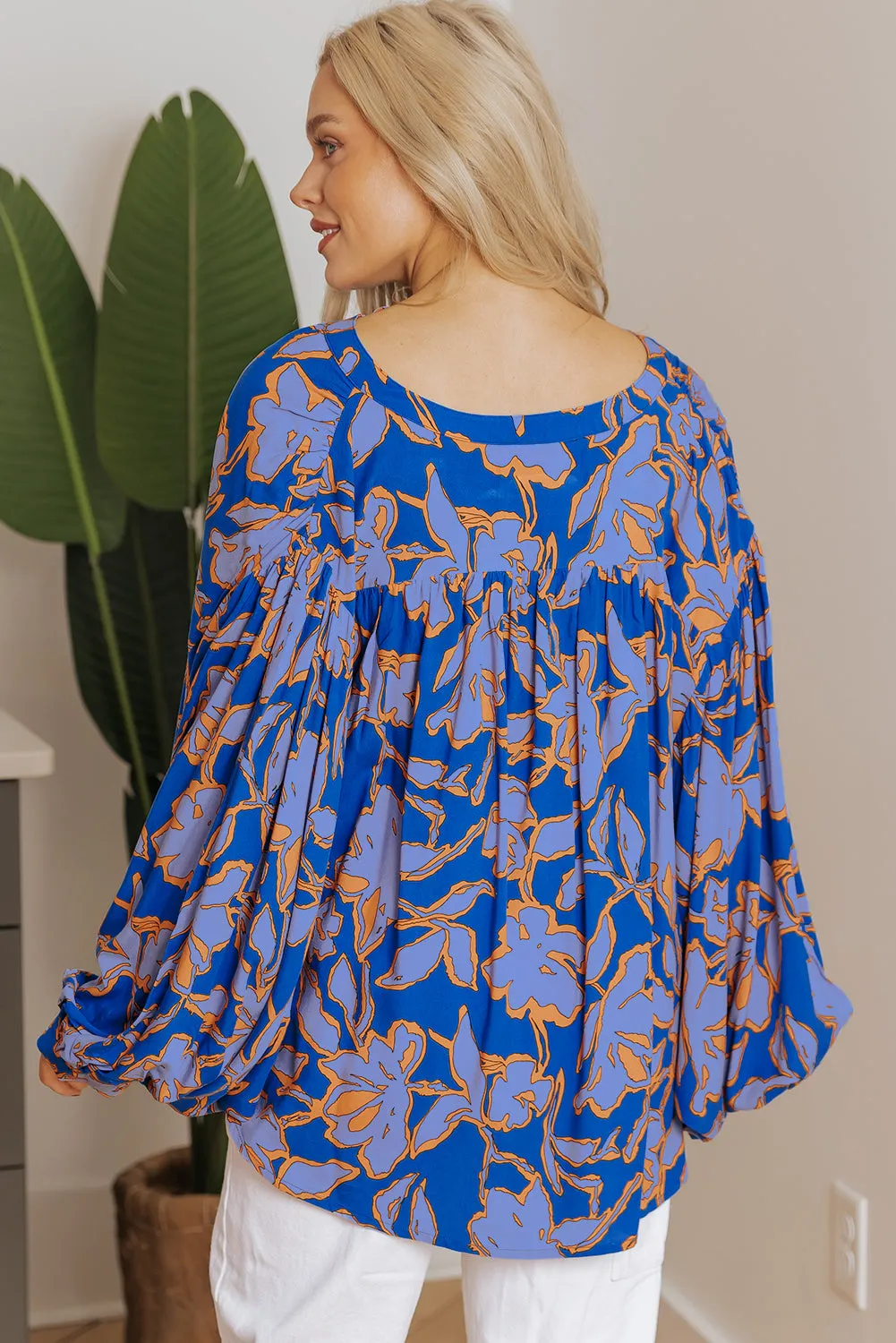 Blue Floral Print Batwing Sleeve Buttoned Loose Fit Shirt sold by Beagle Boutique product image thumbnail 5