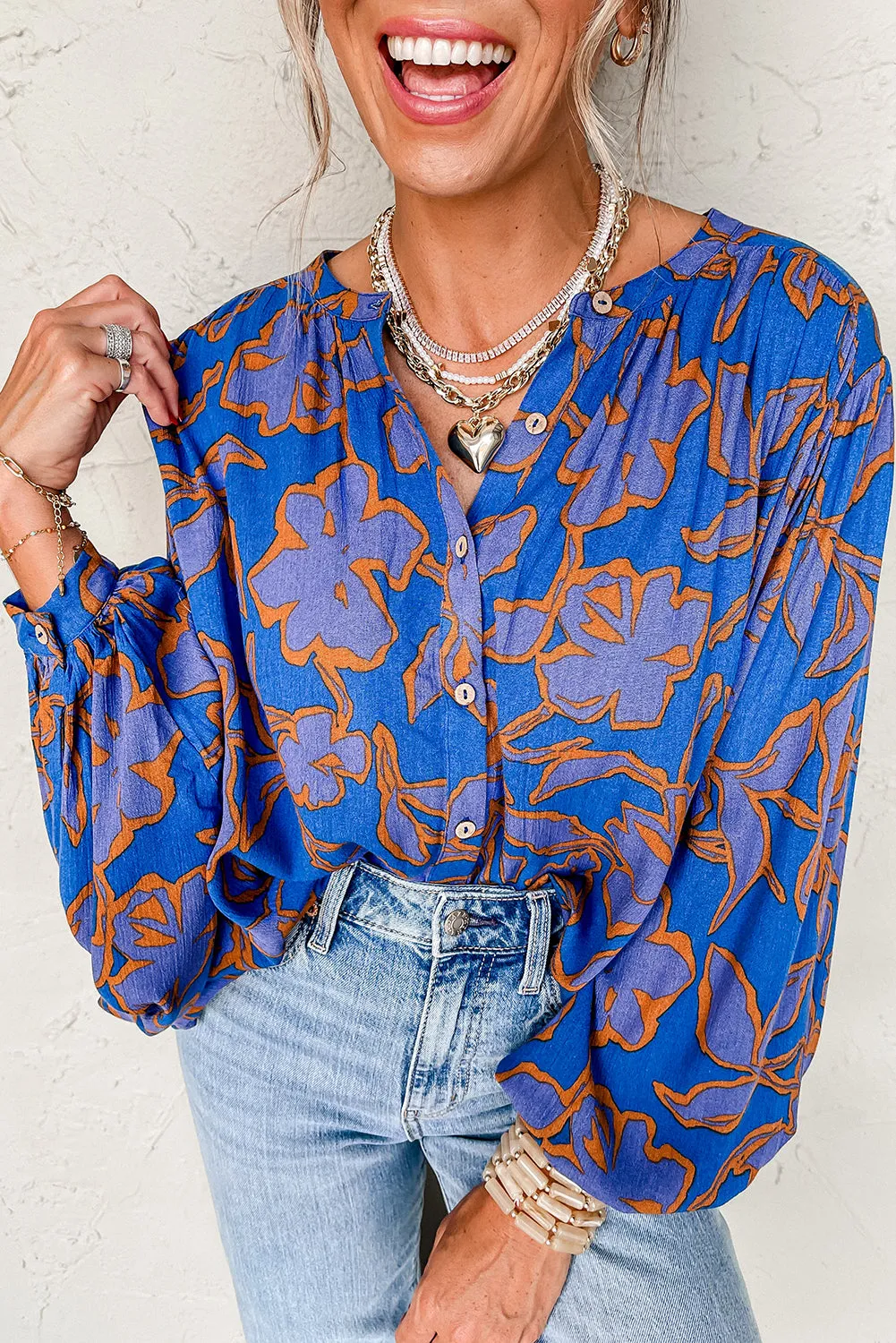 Blue Floral Print Batwing Sleeve Buttoned Loose Fit Shirt sold by Beagle Boutique