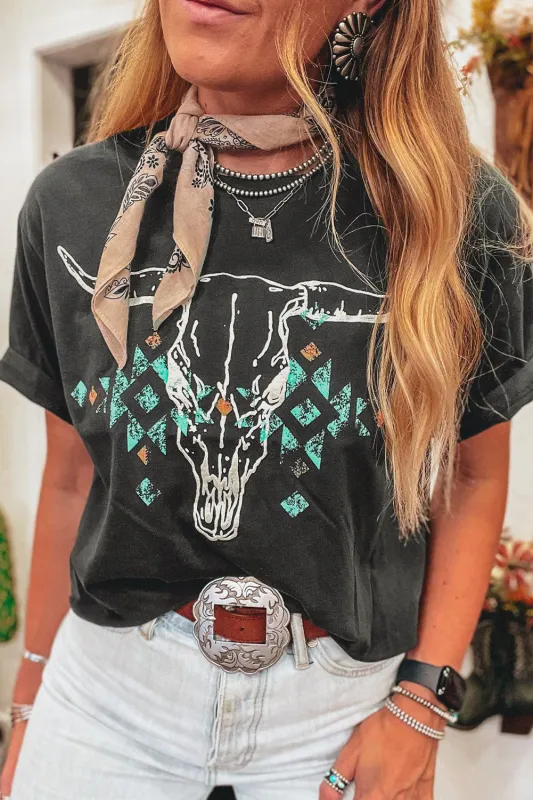 Carbon Grey Vintage Western Bull Head Skull Turquoise Aztec Graphic T Shirt made by Beagle Boutique