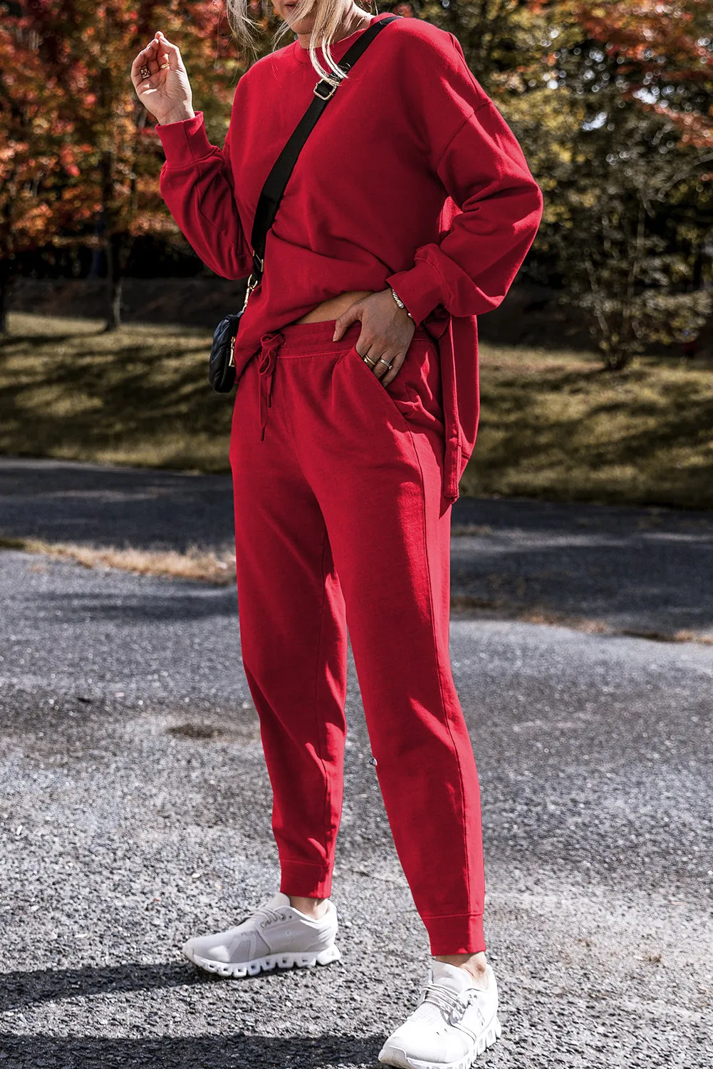Racing Red Solid Colour High Low Pullover and Skinny Trousers Set sold by Beagle Boutique product image thumbnail 3