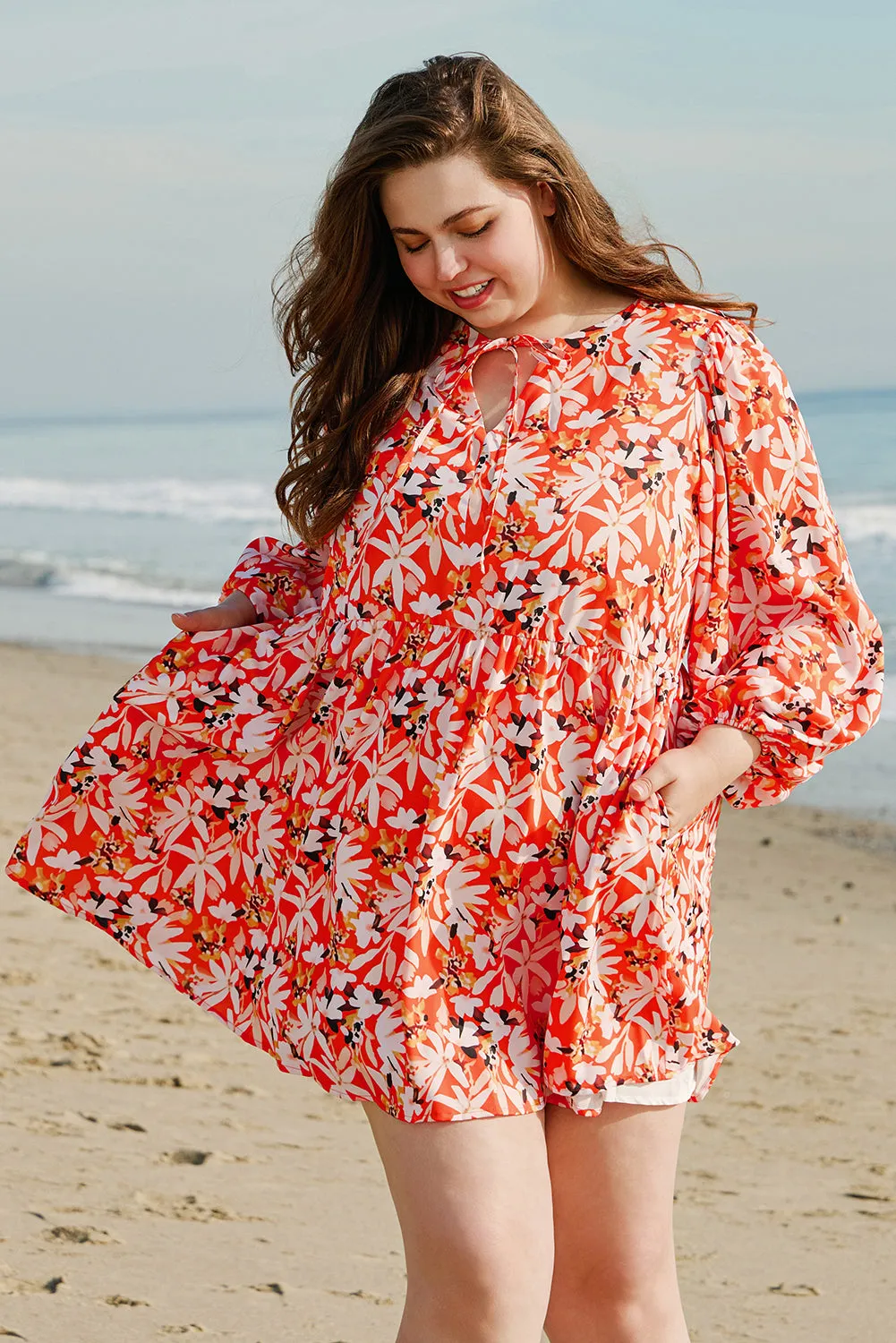 Orange Floral Print Split V Neck Bubble Sleeve Plus Size Midi Dress sold by Beagle Boutique product image thumbnail 3