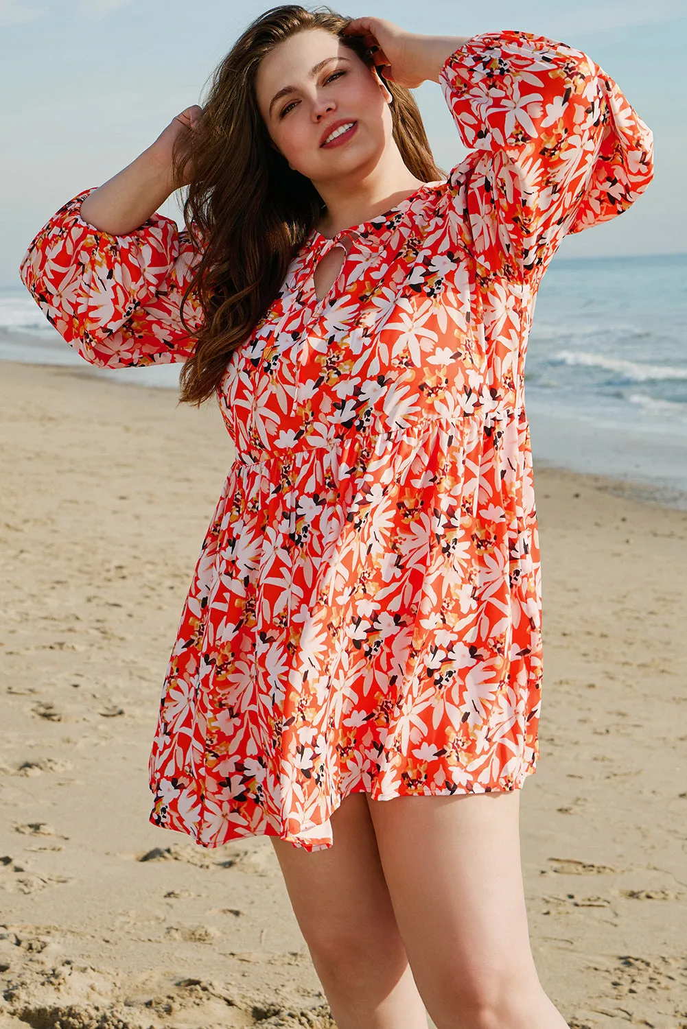 Orange Floral Print Split V Neck Bubble Sleeve Plus Size Midi Dress sold by Beagle Boutique product image thumbnail 5
