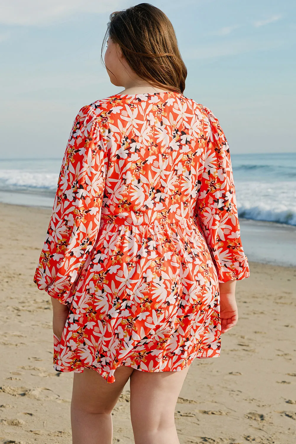 Orange Floral Print Split V Neck Bubble Sleeve Plus Size Midi Dress sold by Beagle Boutique product image thumbnail 2