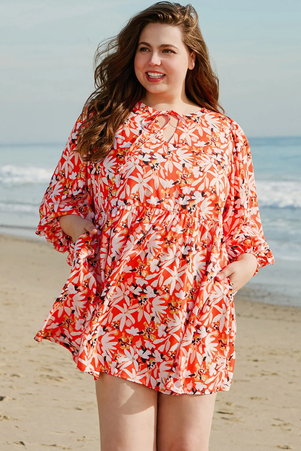 Orange Floral Print Split V Neck Bubble Sleeve Plus Size Midi Dress sold by Beagle Boutique product image thumbnail 4