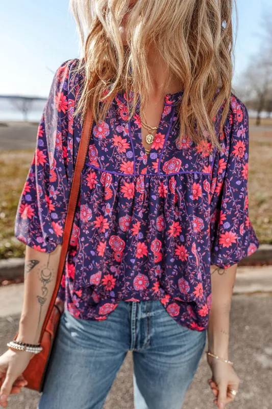 Purple Floral Half Sleeve Split Neck Blouse Top sold by Beagle Boutique