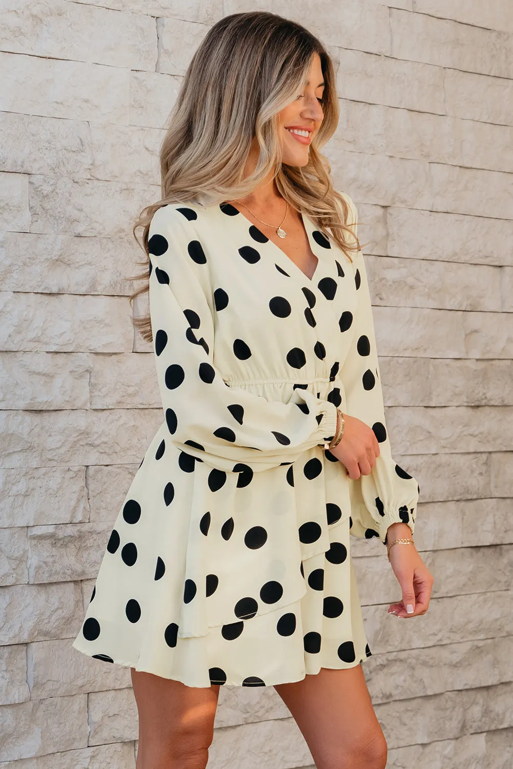 Beige Polka Dot Printed Surplice V Neck Puff Sleeve Mini Dress sold by Beagle Boutique product image thumbnail 3