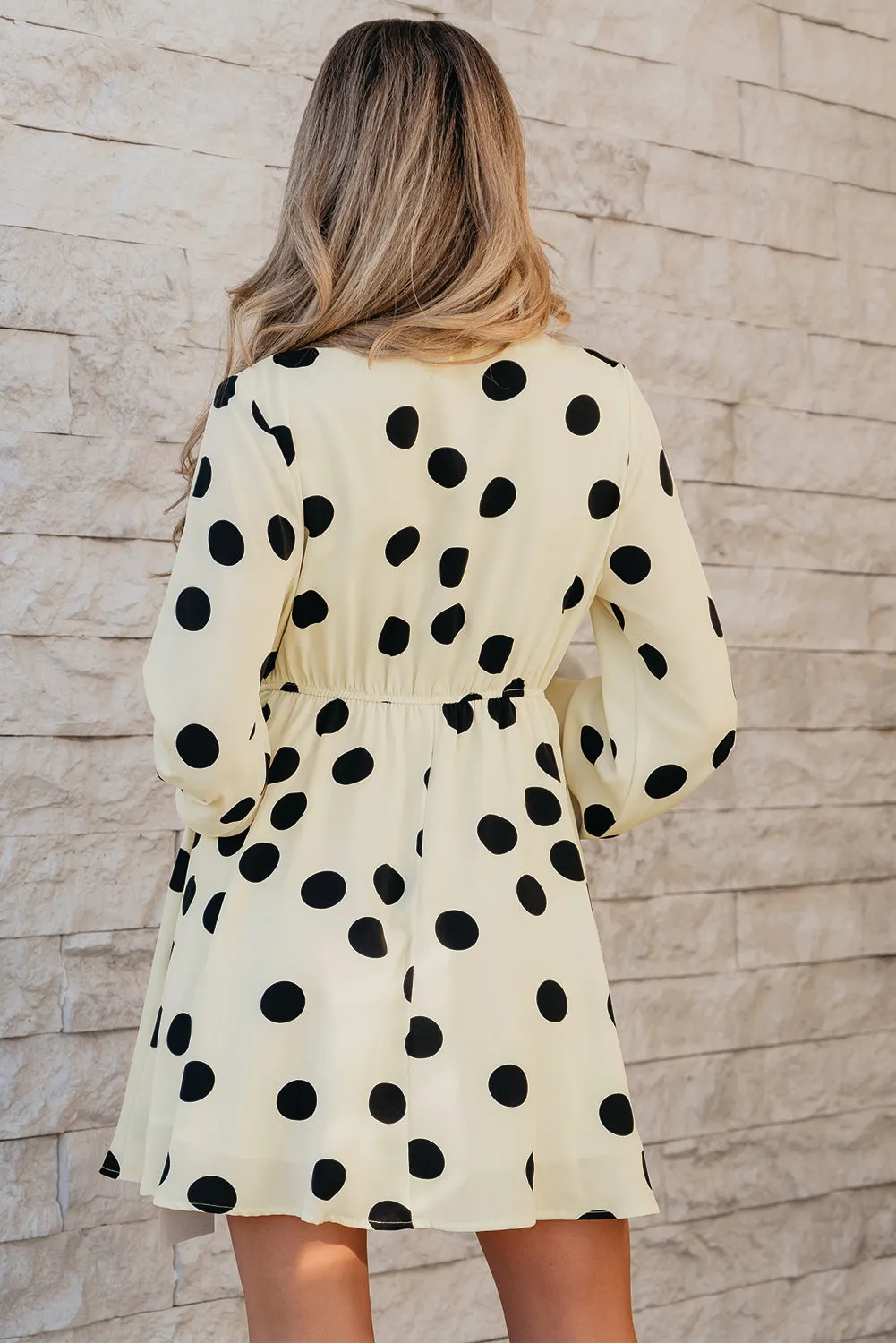 Beige Polka Dot Printed Surplice V Neck Puff Sleeve Mini Dress sold by Beagle Boutique product image thumbnail 2