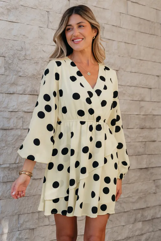 Beige Polka Dot Printed Surplice V Neck Puff Sleeve Mini Dress sold by Beagle Boutique