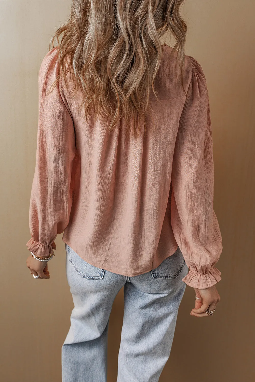 Gossamer Pink Floral Embroidered Textured Flounce Sleeve Elegant Blouse sold by Beagle Boutique product image thumbnail 2