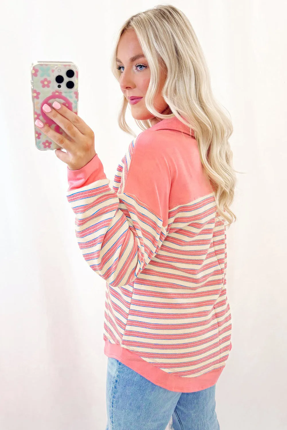 Pink Stripe Buttoned V Neck Collared Drop Shoulder Top sold by Beagle Boutique product image thumbnail 2