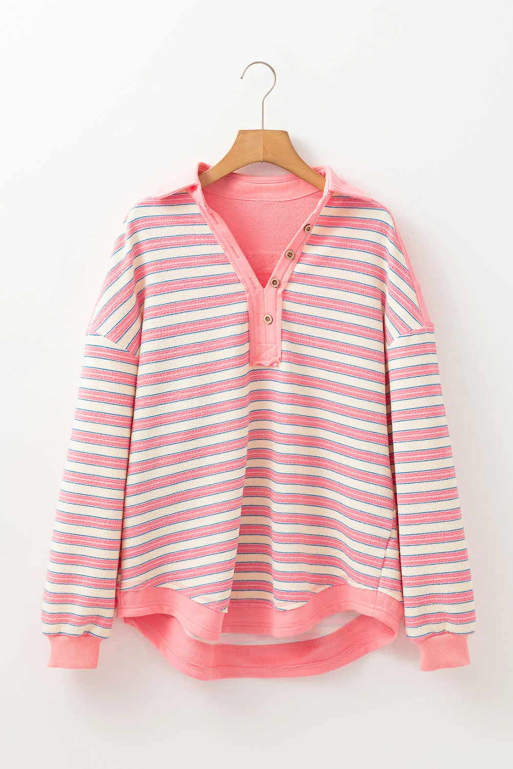 Pink Stripe Buttoned V Neck Collared Drop Shoulder Top sold by Beagle Boutique product image thumbnail 4