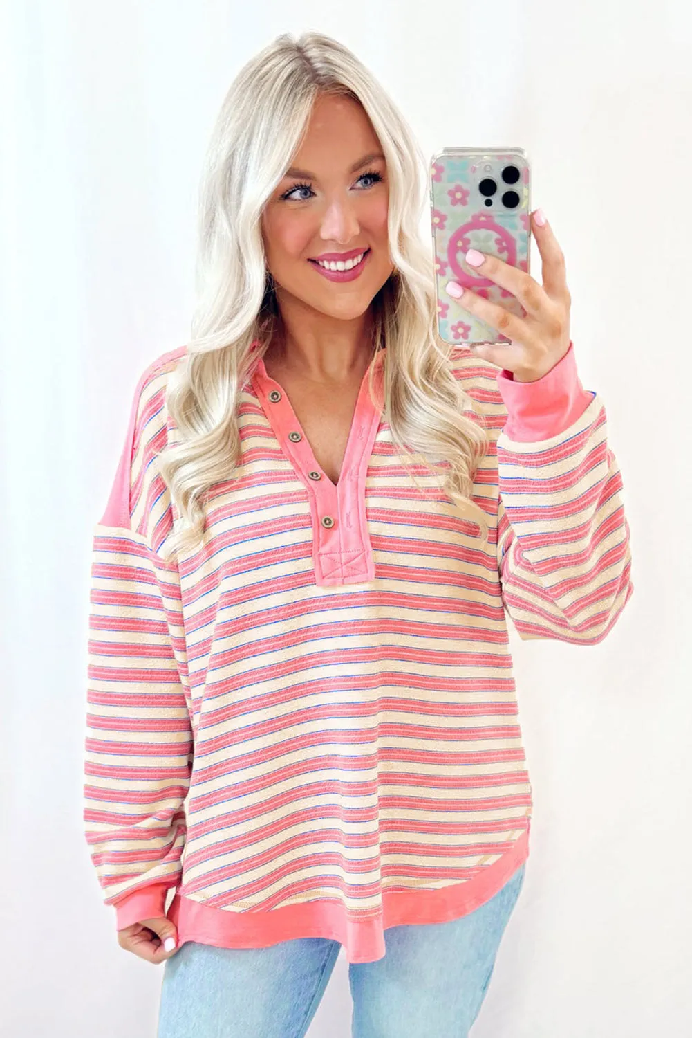 Pink Stripe Buttoned V Neck Collared Drop Shoulder Top sold by Beagle Boutique product image thumbnail 3