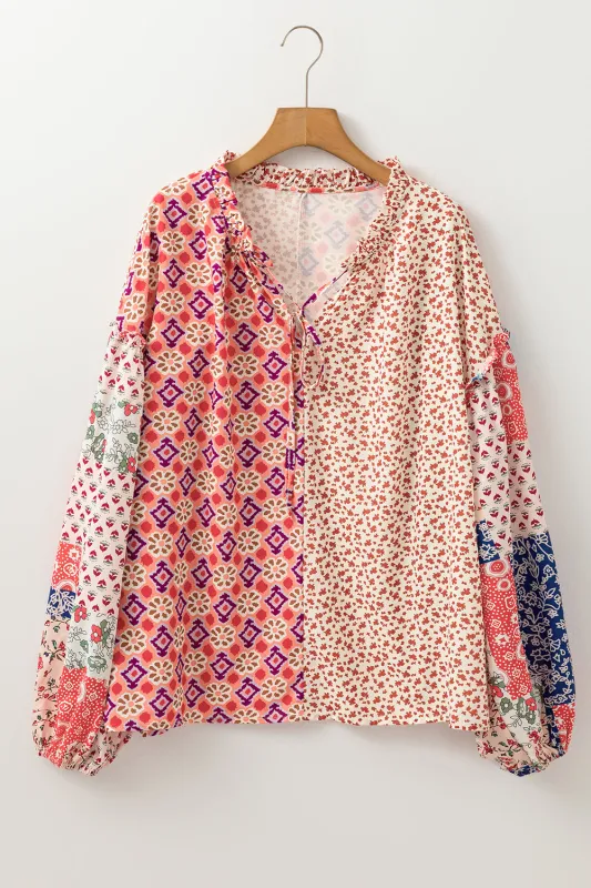 Orange Floral Geometric Patchwork Lace-up Crewneck Plus Size Blouse sold by Beagle Boutique