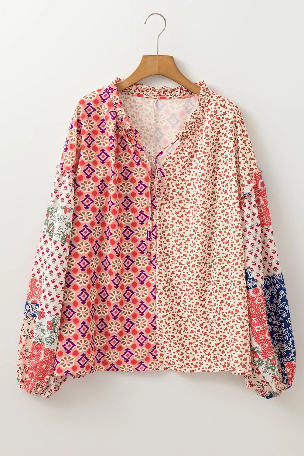 Orange Floral Geometric Patchwork Lace-up Crewneck Plus Size Blouse sold by Beagle Boutique