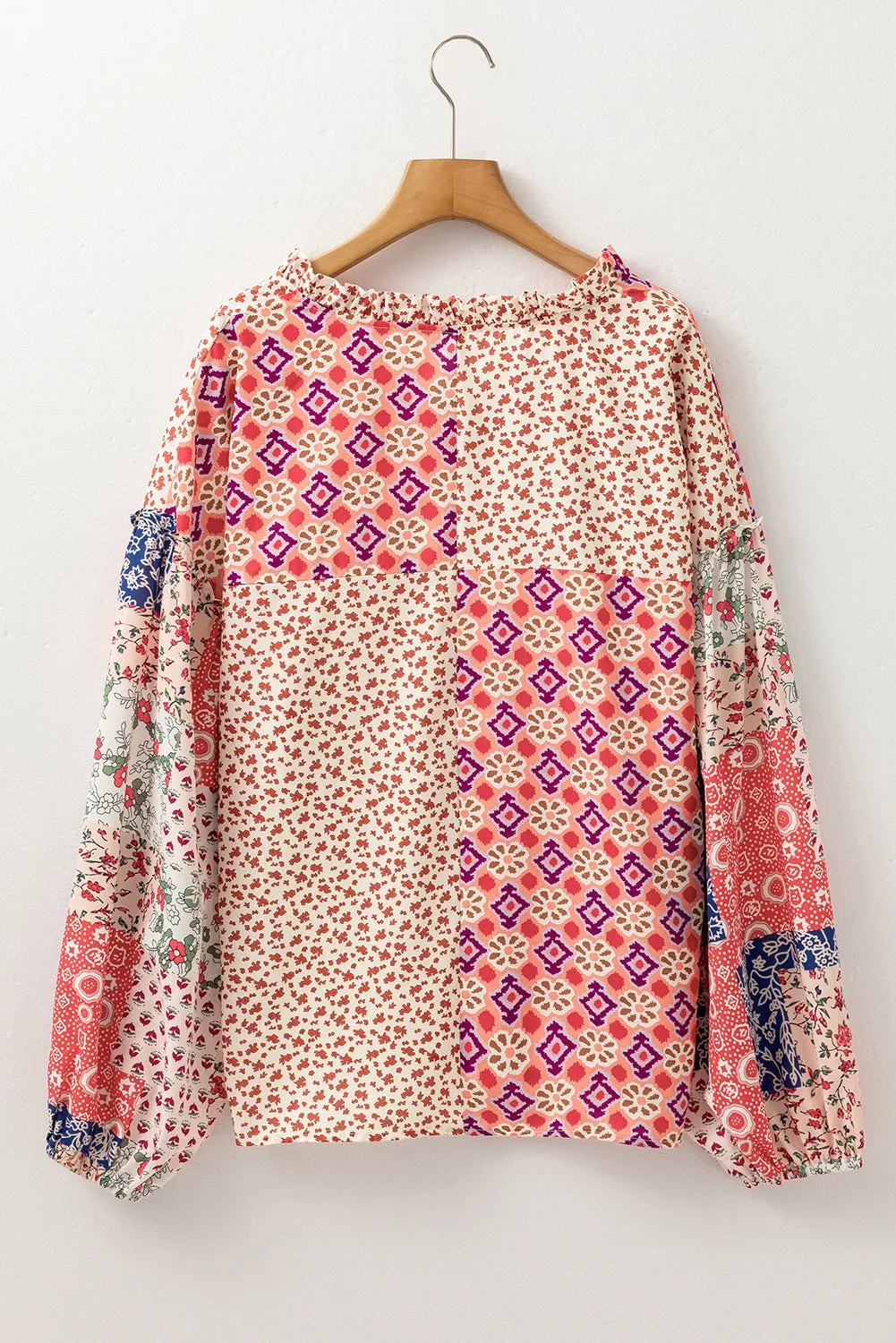 Orange Floral Geometric Patchwork Lace-up Crewneck Plus Size Blouse sold by Beagle Boutique product image thumbnail 2