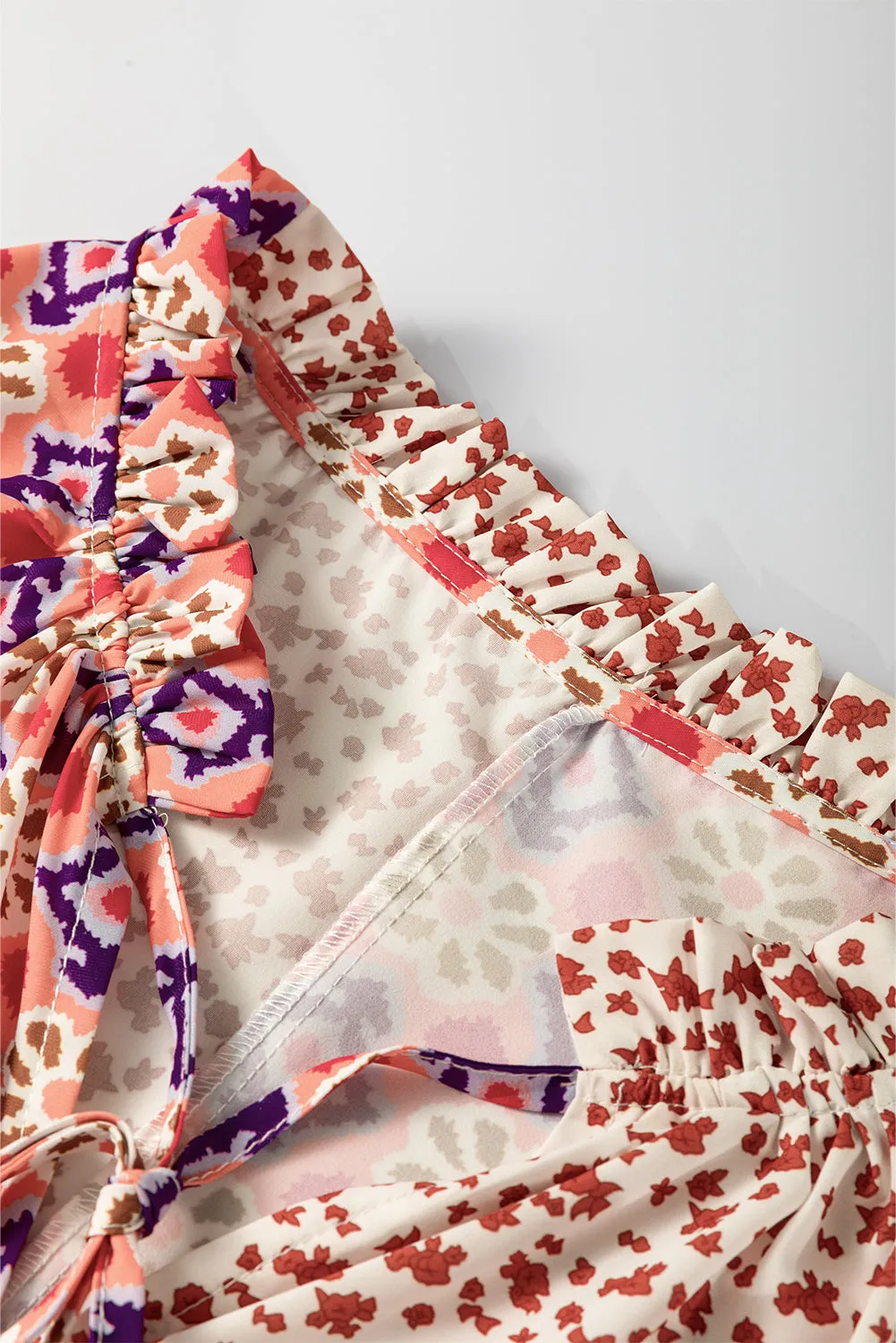 Orange Floral Geometric Patchwork Lace-up Crewneck Plus Size Blouse sold by Beagle Boutique product image thumbnail 3