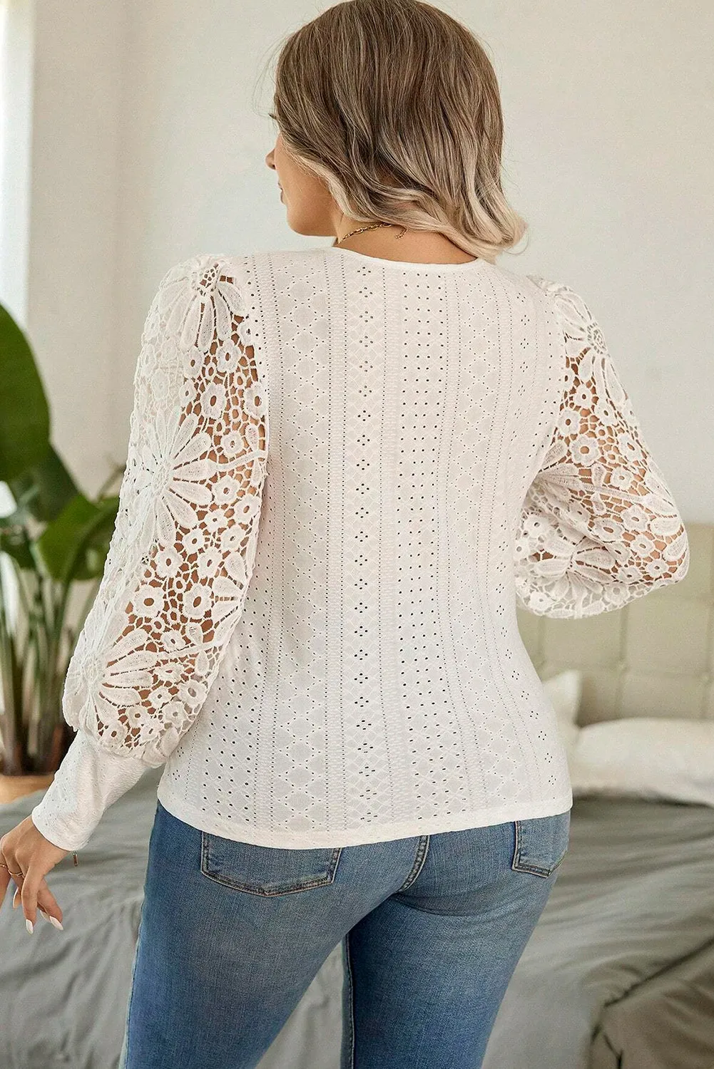 Apricot Contrast Floral Guipure Lace Lantern Sleeve U Neck Plus Size Blouse sold by Beagle Boutique product image thumbnail 2