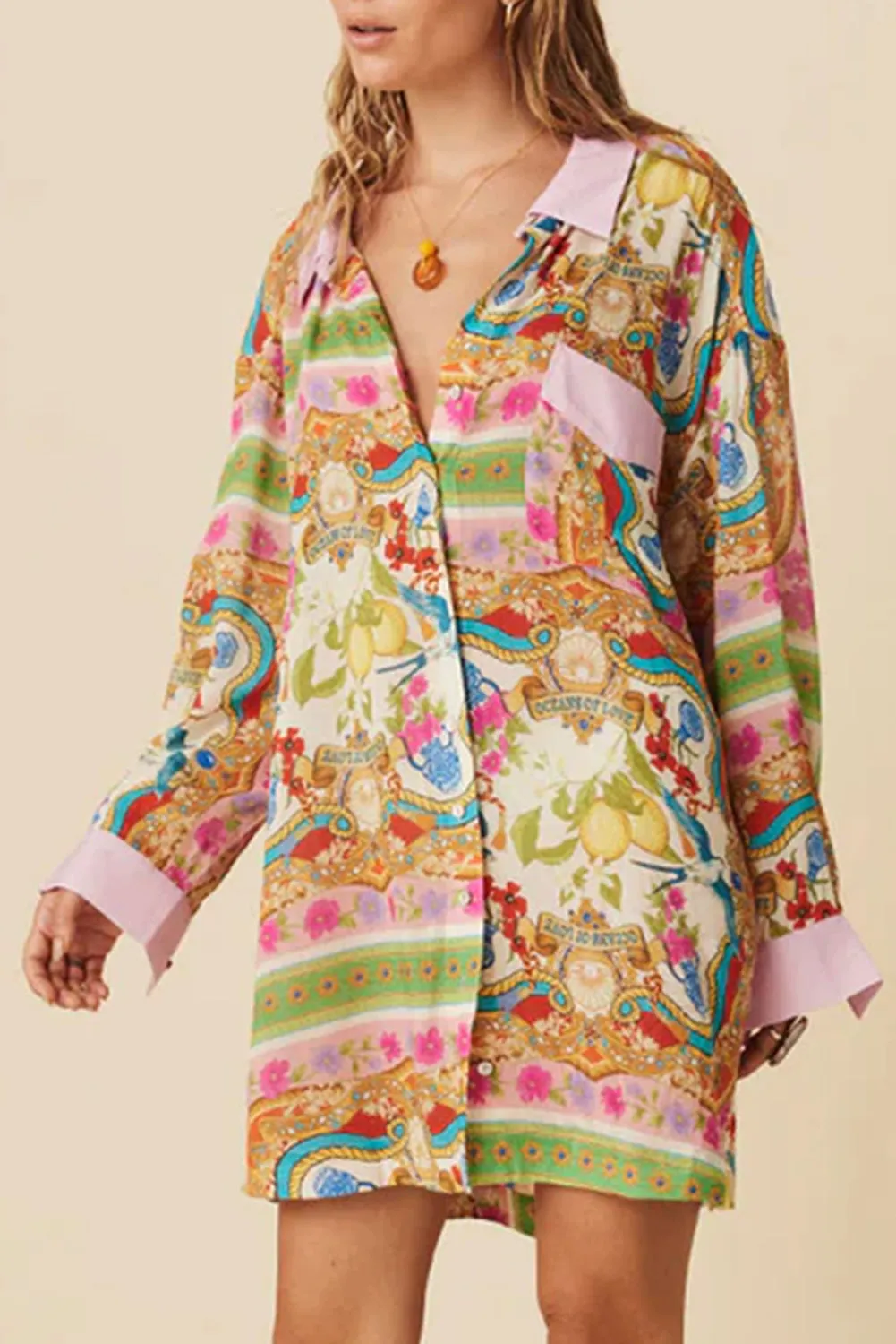 Multicolour Boho Floral Print Buttoned Long Sleeve Shirt Dress sold by Beagle Boutique