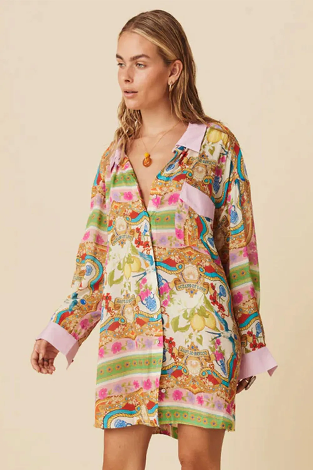 Multicolour Boho Floral Print Buttoned Long Sleeve Shirt Dress sold by Beagle Boutique product image thumbnail 3