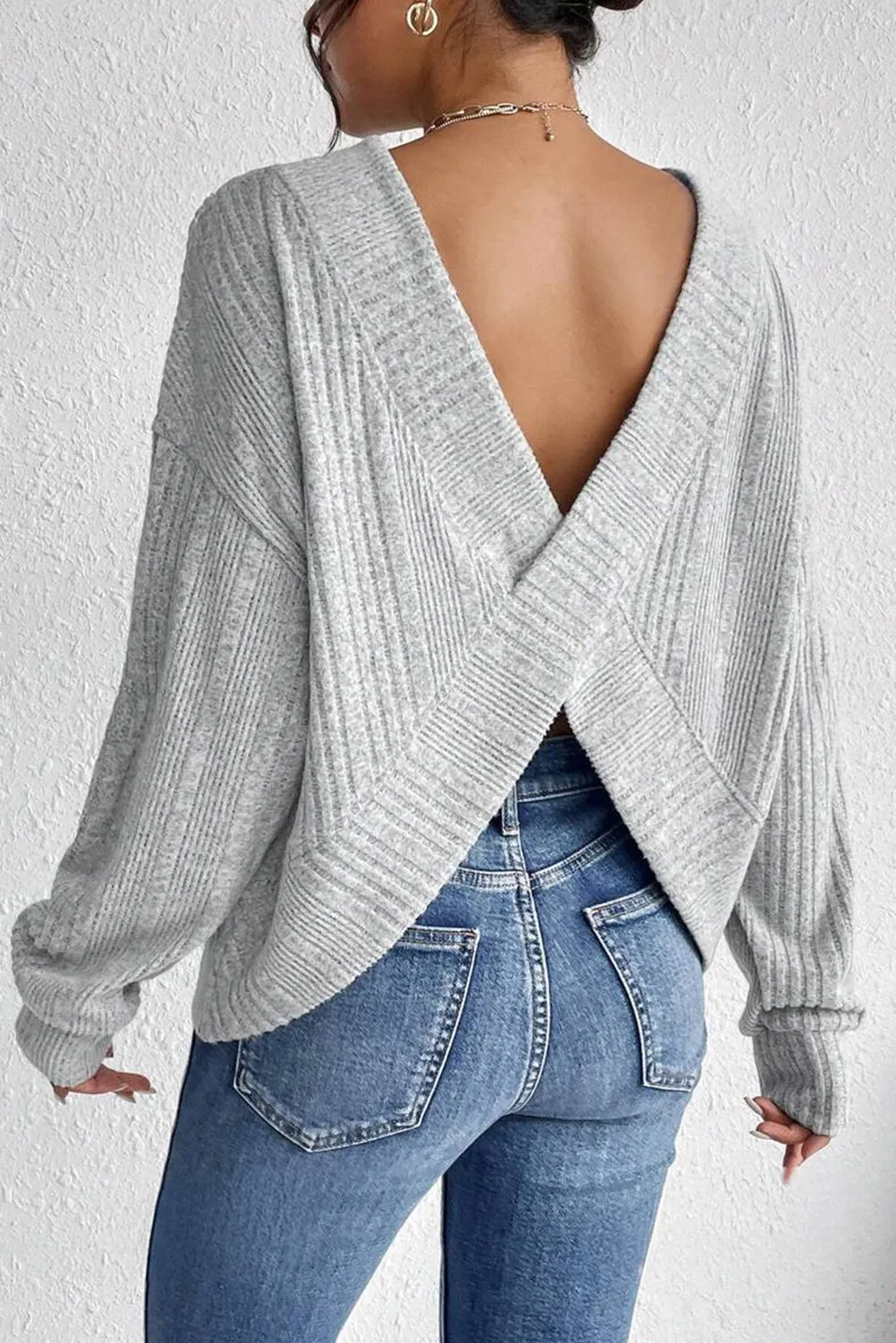 Light Grey Textured Crossover Backless Knit Long Sleeve Top sold by Beagle Boutique product image thumbnail 3
