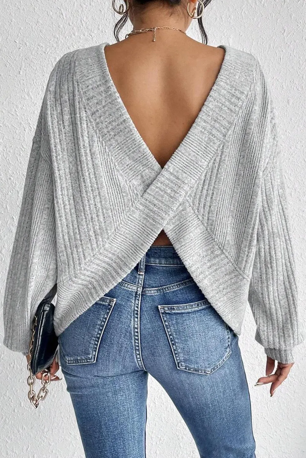 Light Grey Textured Crossover Backless Knit Long Sleeve Top sold by Beagle Boutique