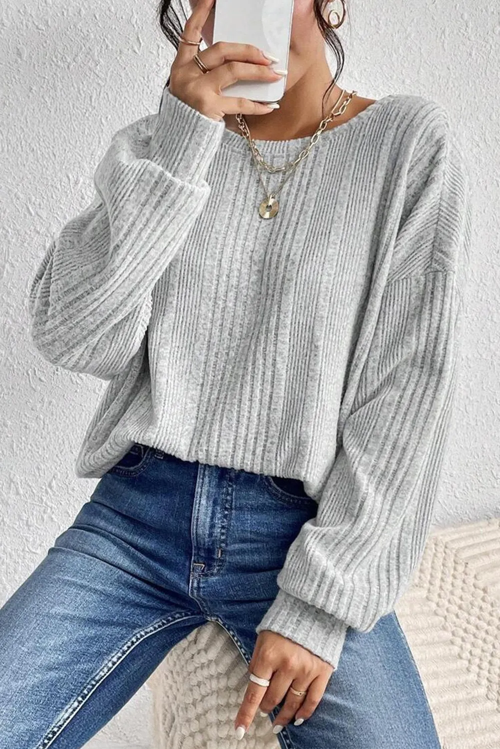 Light Grey Textured Crossover Backless Knit Long Sleeve Top sold by Beagle Boutique product image thumbnail 4