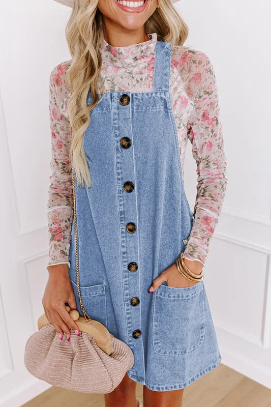 Beau Blue Wide Strap Button Front Pocketed Denim Mini Dress sold by Beagle Boutique