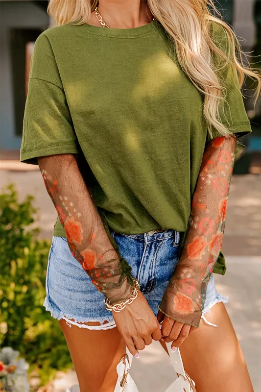 Fern Green Faux Two Piece Floral Long Sleeve Patchwork Tee sold by Beagle Boutique