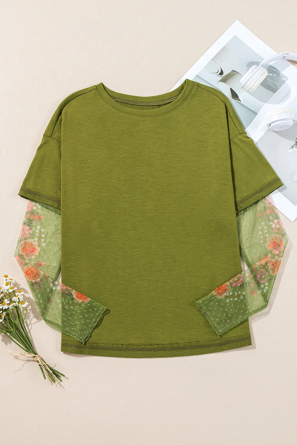 Fern Green Faux Two Piece Floral Long Sleeve Patchwork Tee sold by Beagle Boutique product image thumbnail 3