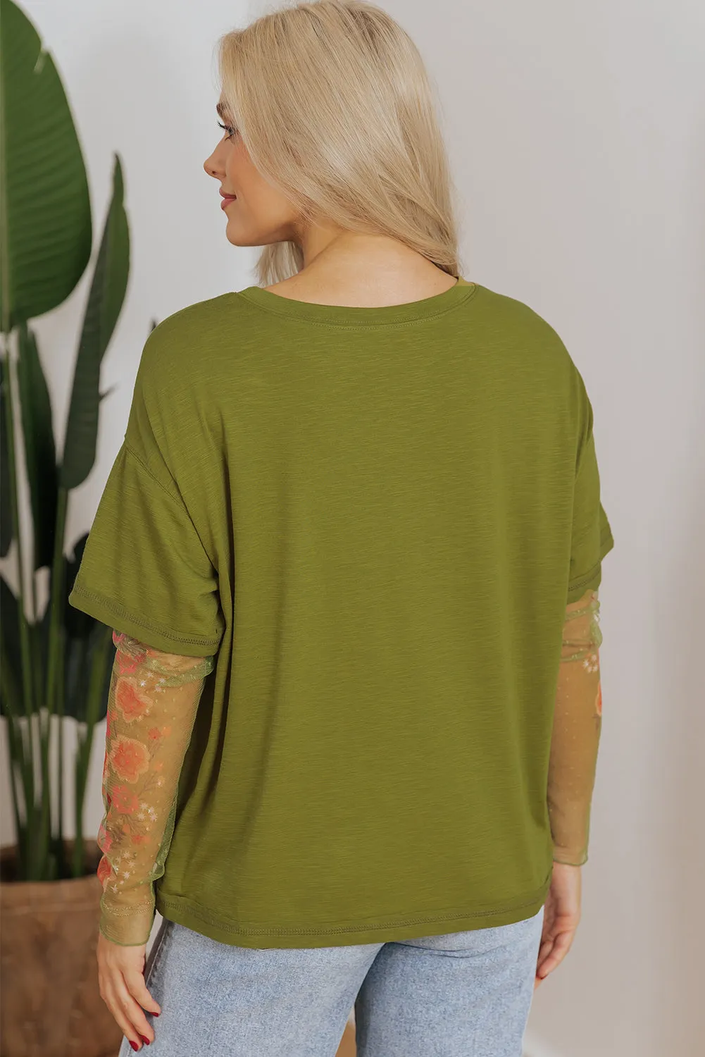 Fern Green Faux Two Piece Floral Long Sleeve Patchwork Tee sold by Beagle Boutique product image thumbnail 5
