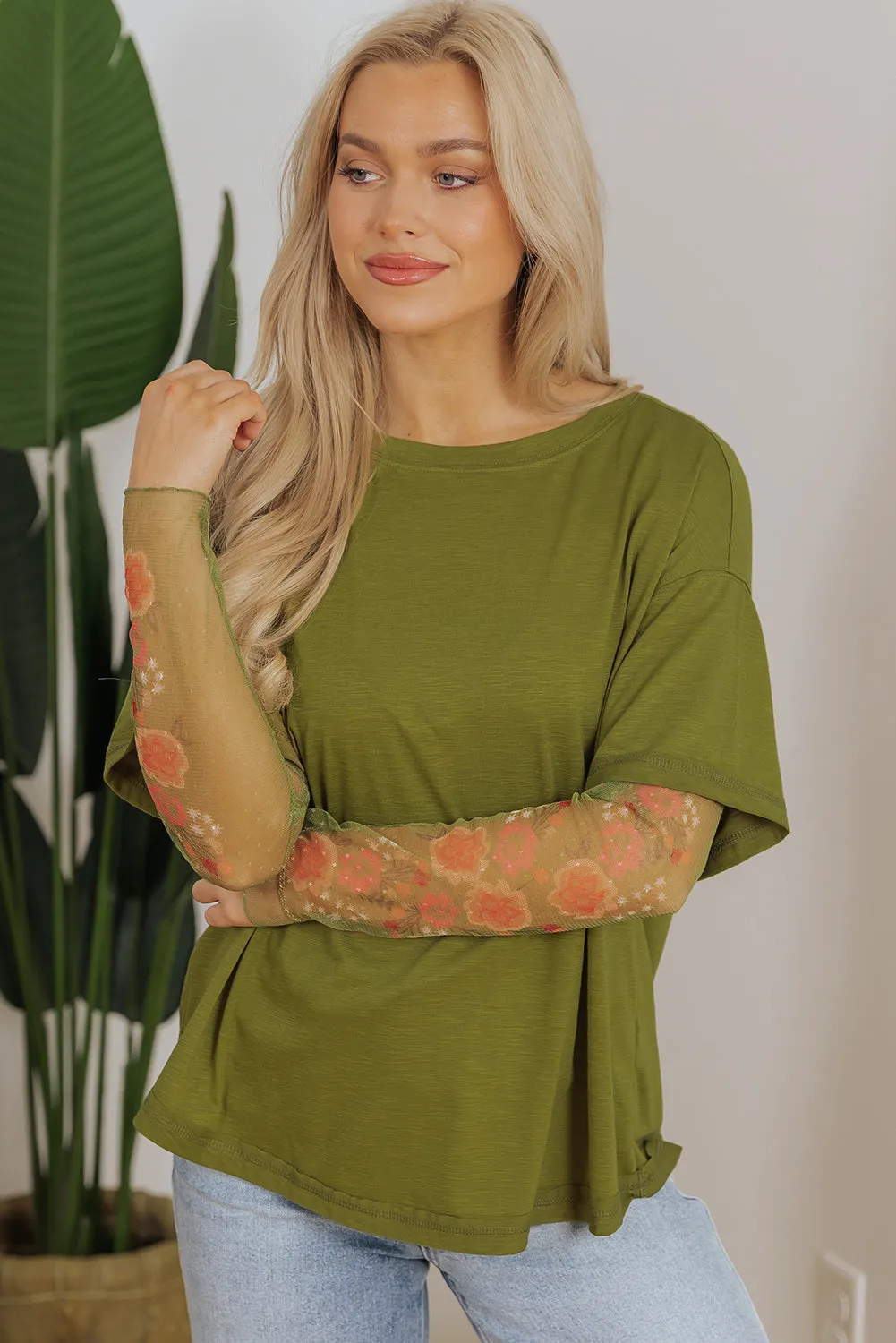 Fern Green Faux Two Piece Floral Long Sleeve Patchwork Tee sold by Beagle Boutique product image thumbnail 4