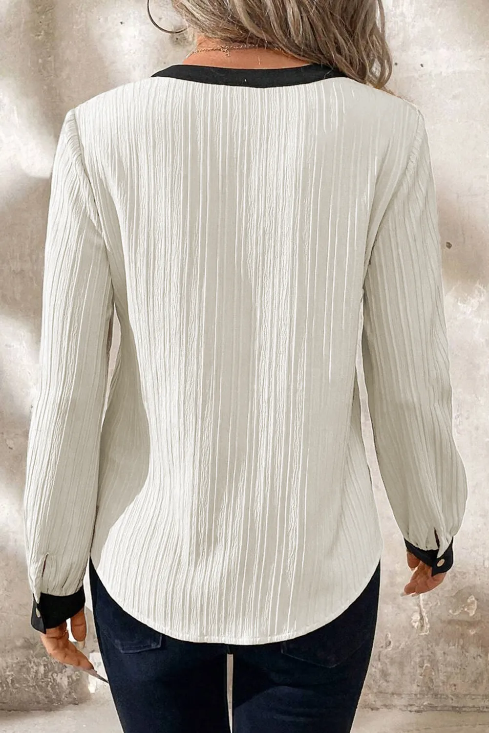 White Textured Colourblock V Neck Elegant Blouse sold by Beagle Boutique product image thumbnail 2