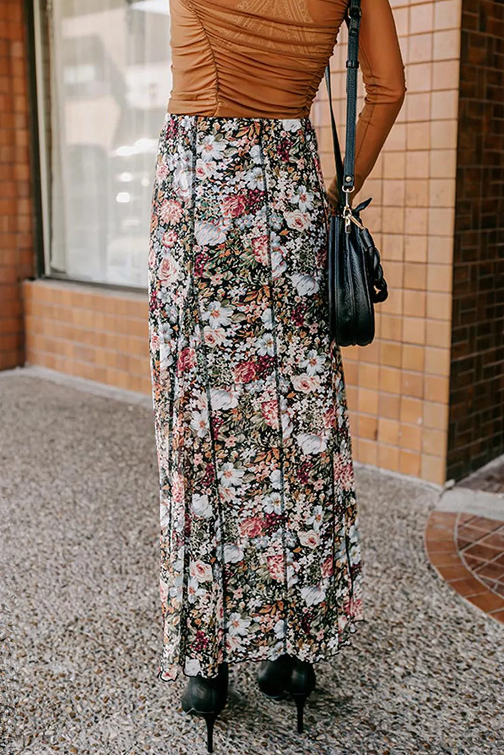 Brown Floral Print High Waist Maxi Skirt sold by Beagle Boutique product image thumbnail 2