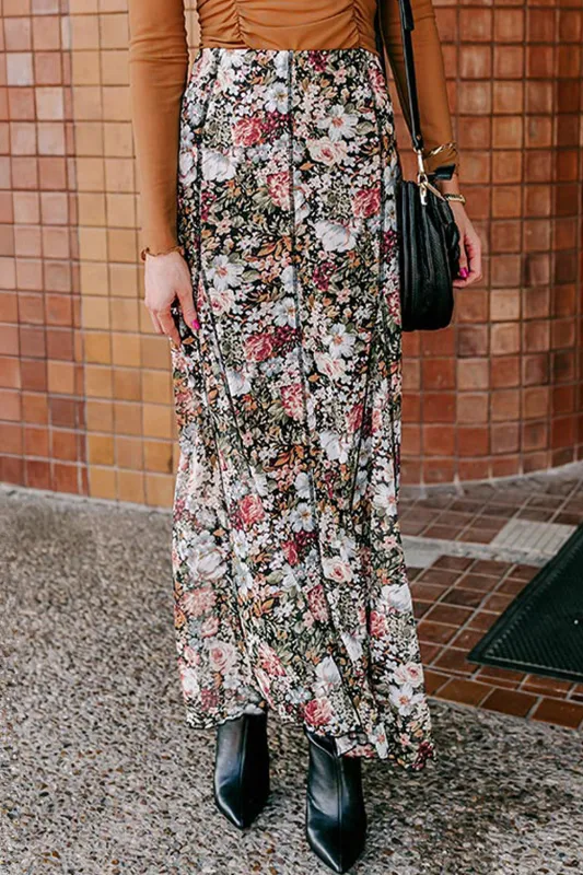 Brown Floral Print High Waist Maxi Skirt sold by Beagle Boutique