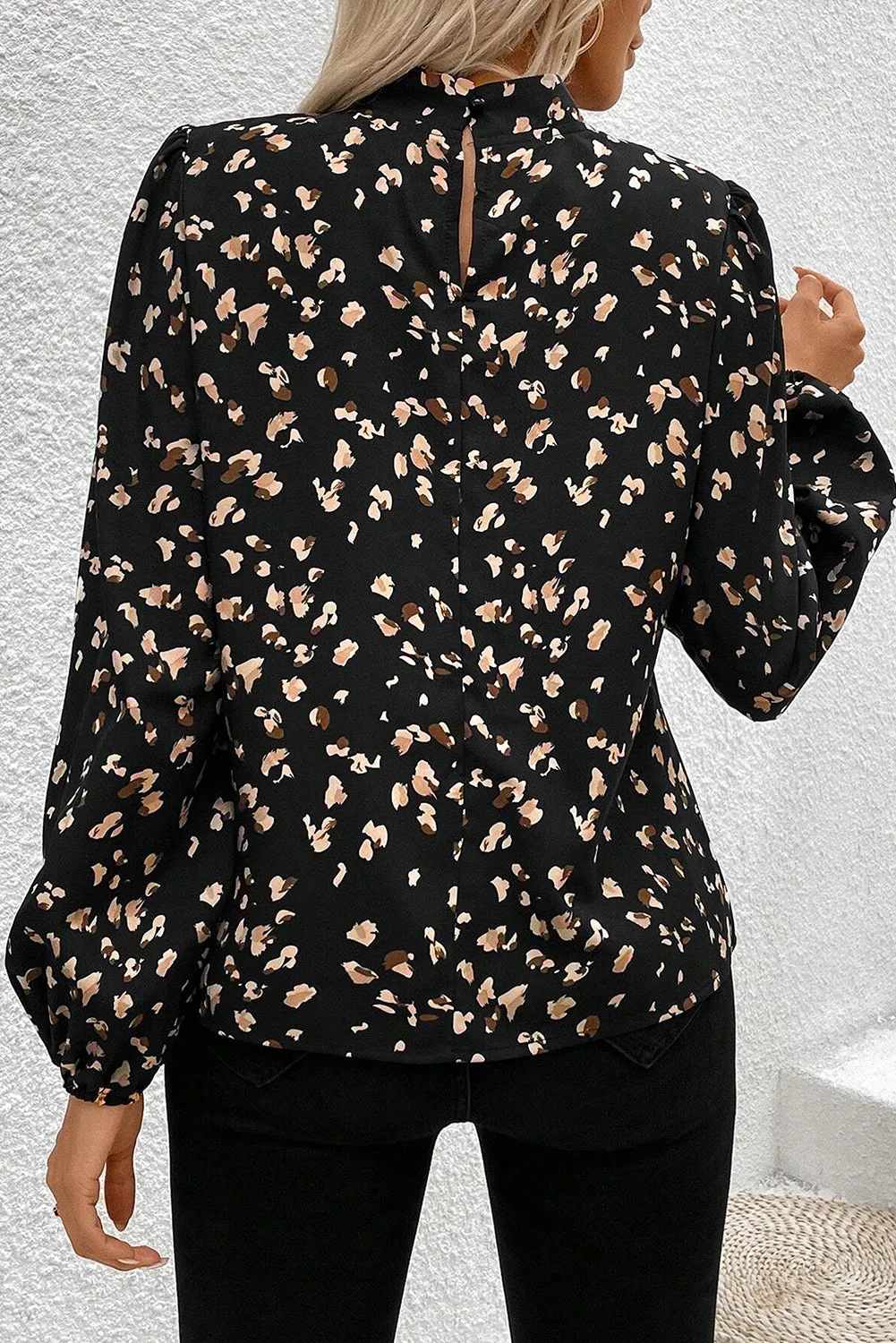 Black Leopard Print Lantern Sleeve Mock Neck Pleated Blouse sold by Beagle Boutique product image thumbnail 2