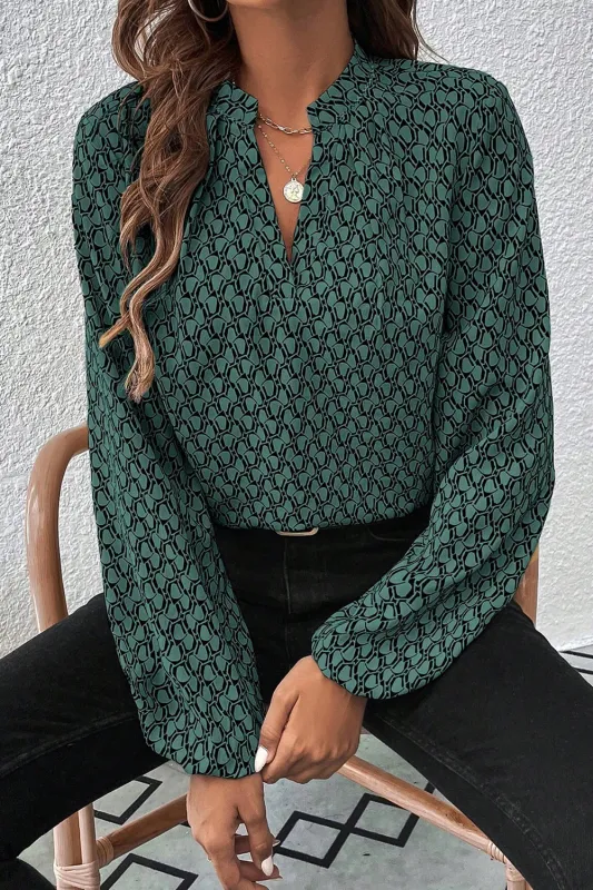 Green Geometric Print Notched Neck Puff Sleeve Blouse sold by Beagle Boutique