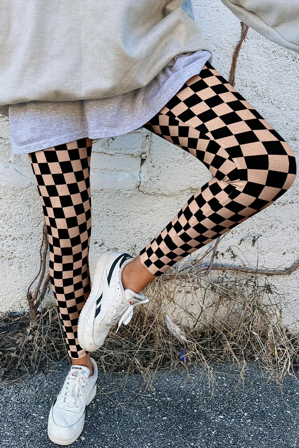 Khaki Checkered Pattern High Waist Skinny Leggings sold by Beagle Boutique product image thumbnail 2