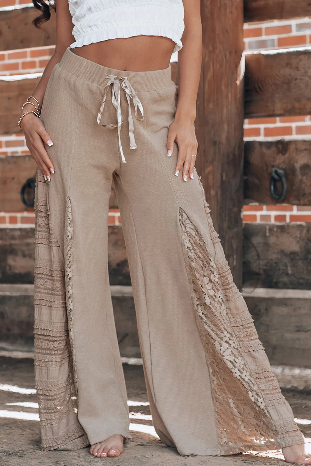 Smoke Grey Boho Lace Patchwork Wide Leg High Waist Trousers sold by Beagle Boutique