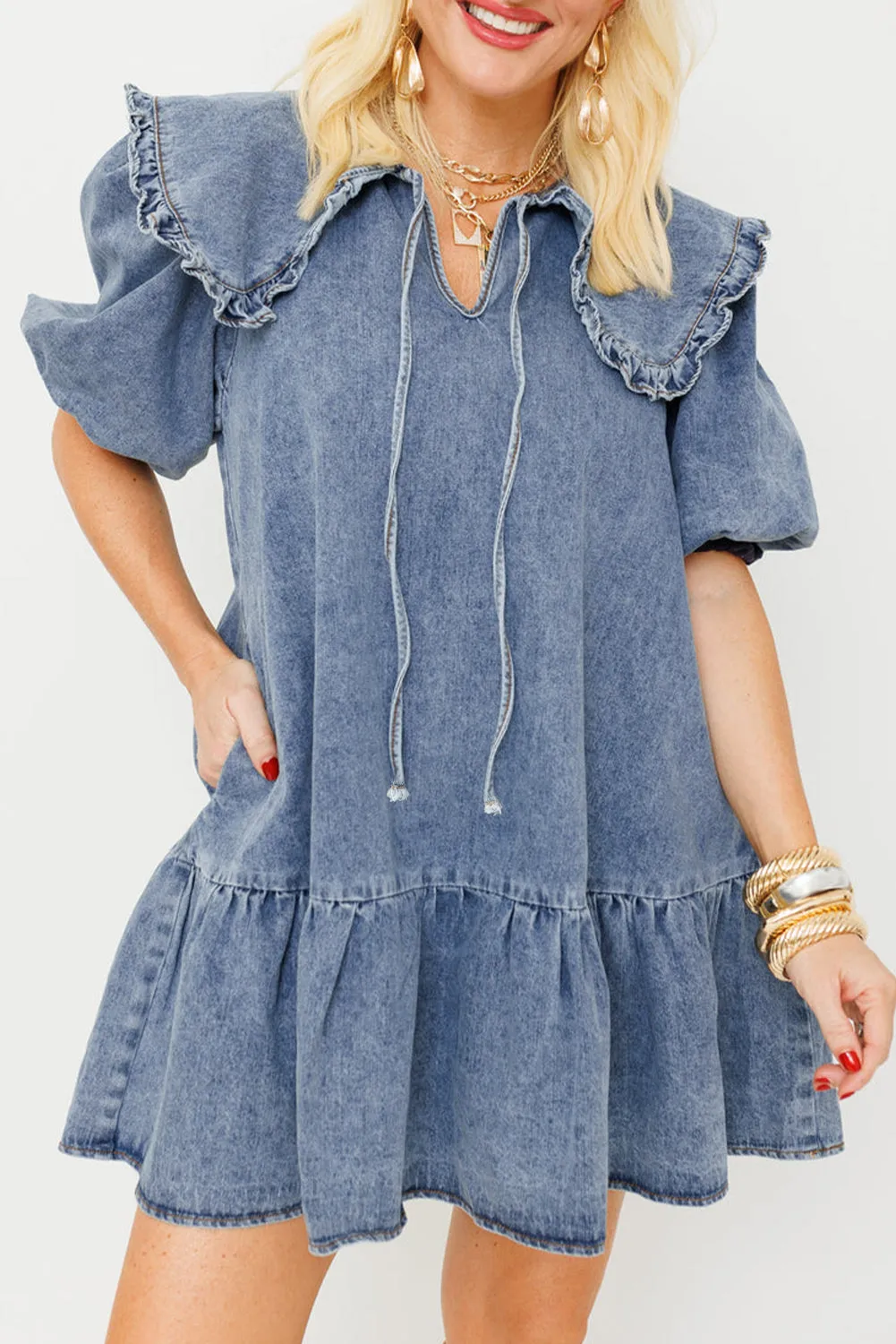 Dusk Blue Ruffled Collared Side Pockets Puff Sleeve Denim Mini Dress sold by Beagle Boutique