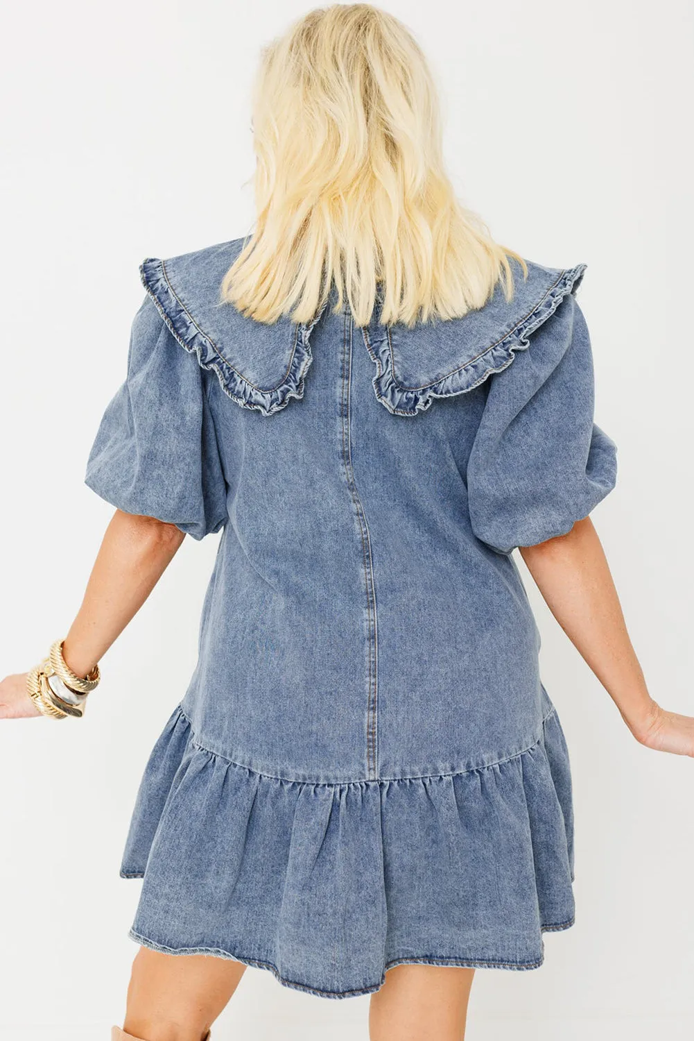 Dusk Blue Ruffled Collared Side Pockets Puff Sleeve Denim Mini Dress sold by Beagle Boutique product image thumbnail 2