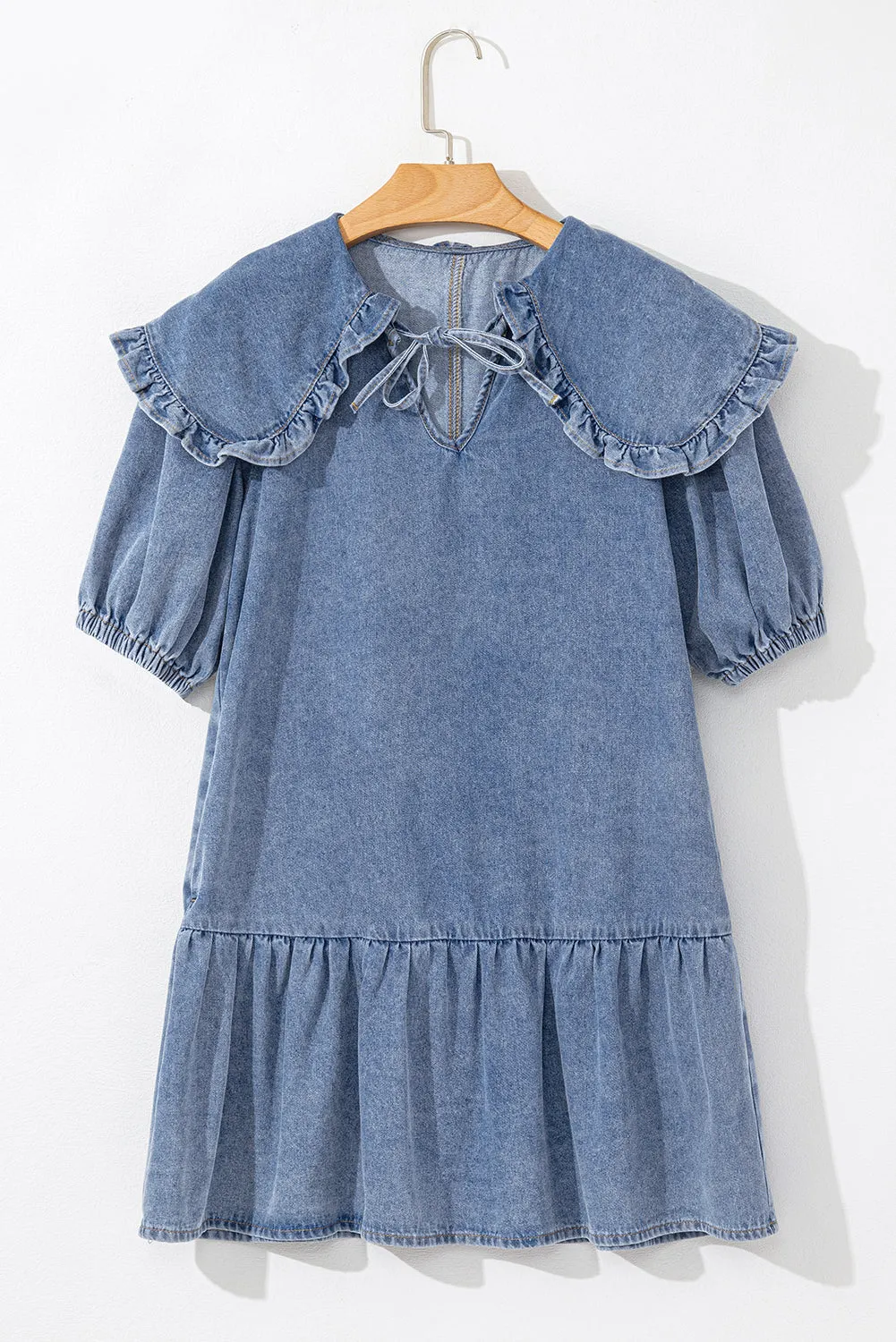 Dusk Blue Ruffled Collared Side Pockets Puff Sleeve Denim Mini Dress sold by Beagle Boutique product image thumbnail 4