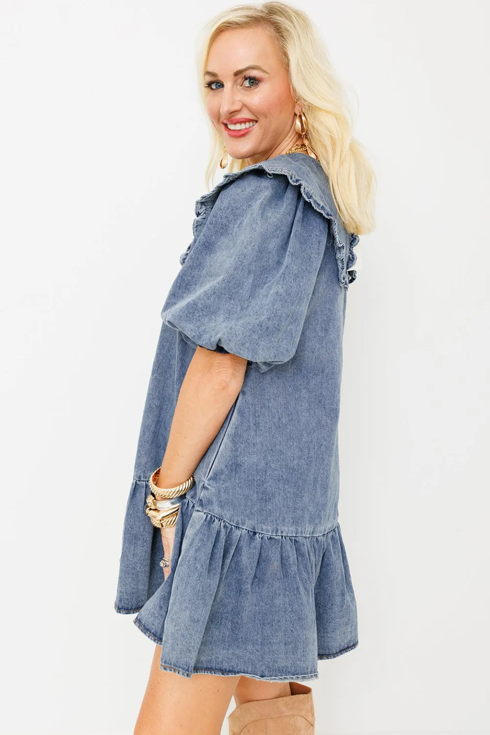 Dusk Blue Ruffled Collared Side Pockets Puff Sleeve Denim Mini Dress sold by Beagle Boutique product image thumbnail 3