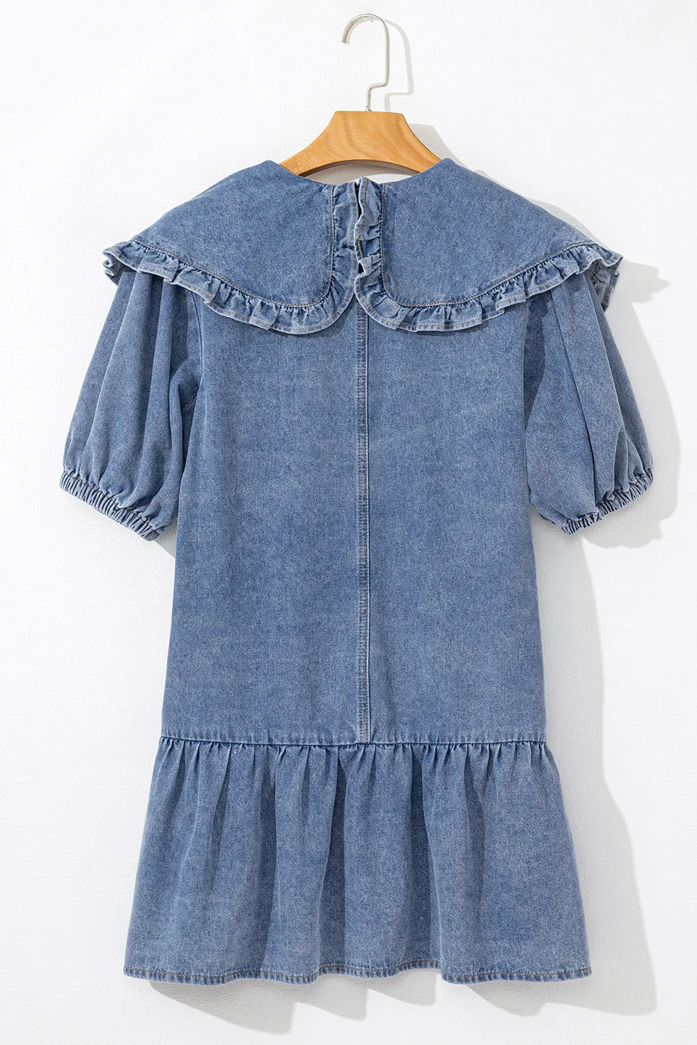 Dusk Blue Ruffled Collared Side Pockets Puff Sleeve Denim Mini Dress sold by Beagle Boutique product image thumbnail 5
