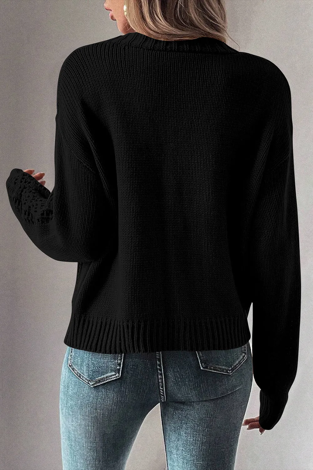 Black Open Knit Drop Shoulder Sweater Cardigan sold by Beagle Boutique product image thumbnail 2