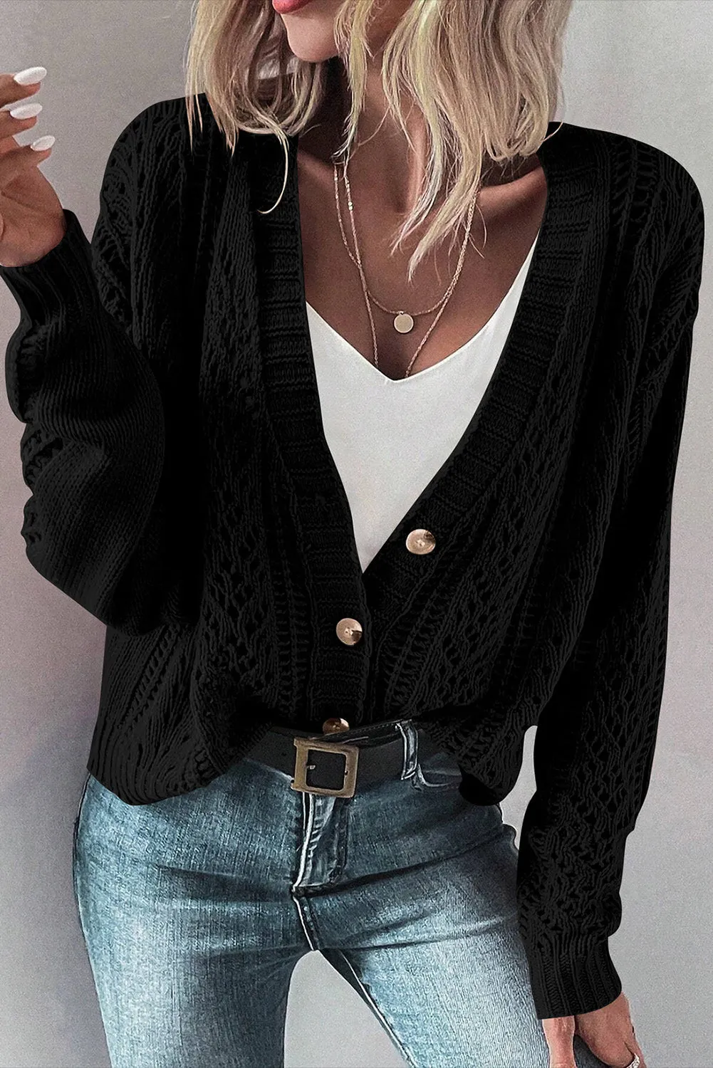Black Open Knit Drop Shoulder Sweater Cardigan sold by Beagle Boutique