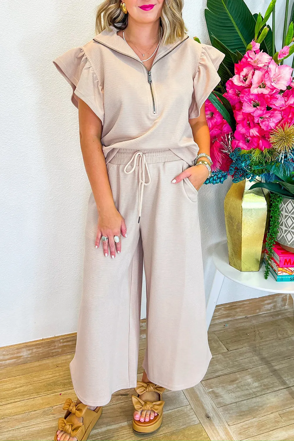 Apricot Textured Ruffled Sleeve Zipped Top and Wide Leg Trousers Set sold by Beagle Boutique