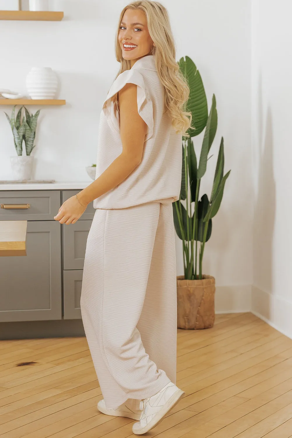 Apricot Textured Ruffled Sleeve Zipped Top and Wide Leg Trousers Set sold by Beagle Boutique product image thumbnail 5