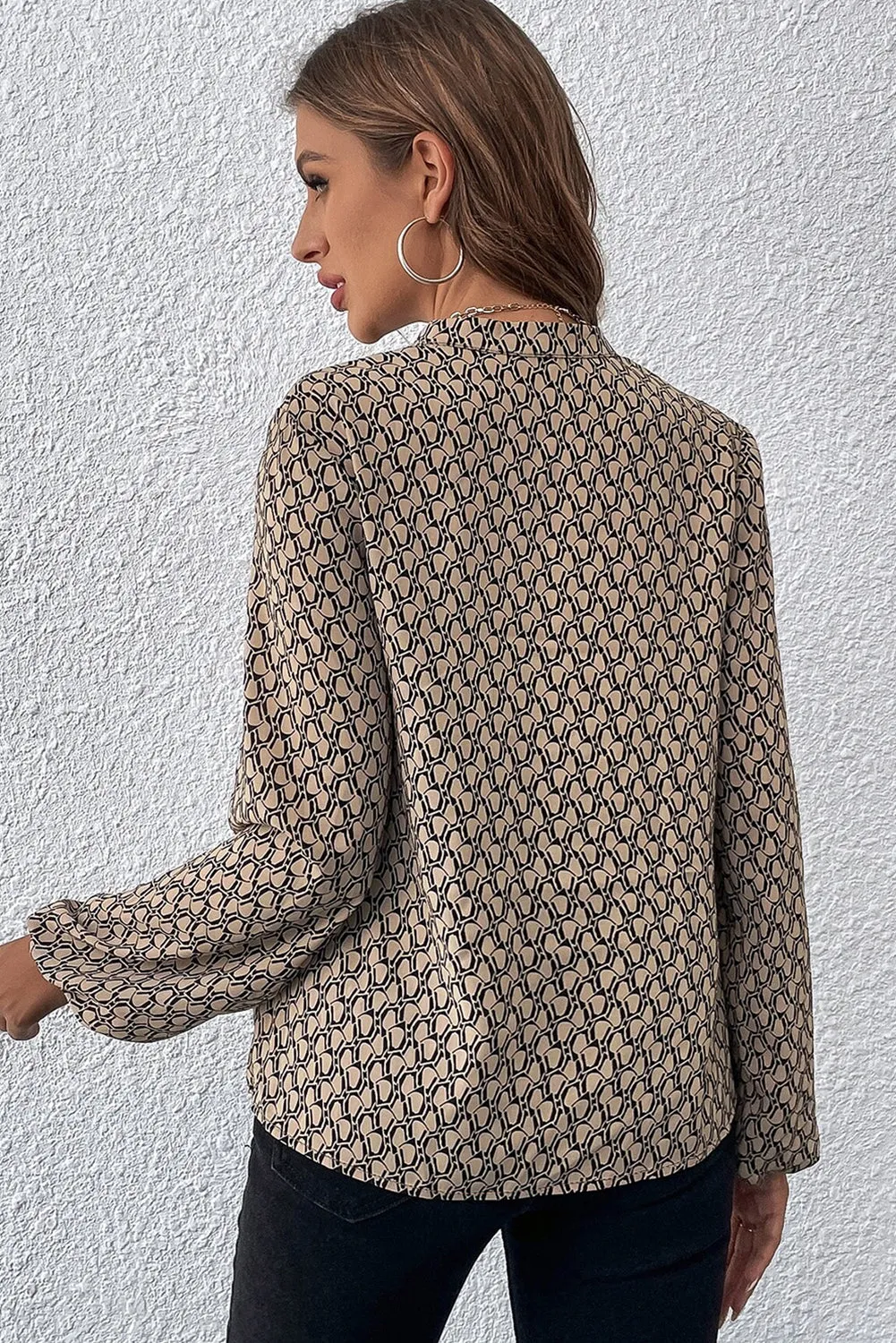 Khaki Geometric Print Notched Neck Puff Sleeve Blouse sold by Beagle Boutique product image thumbnail 2