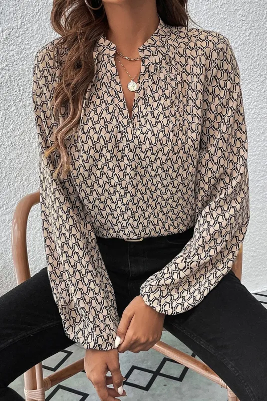 Khaki Geometric Print Notched Neck Puff Sleeve Blouse sold by Beagle Boutique