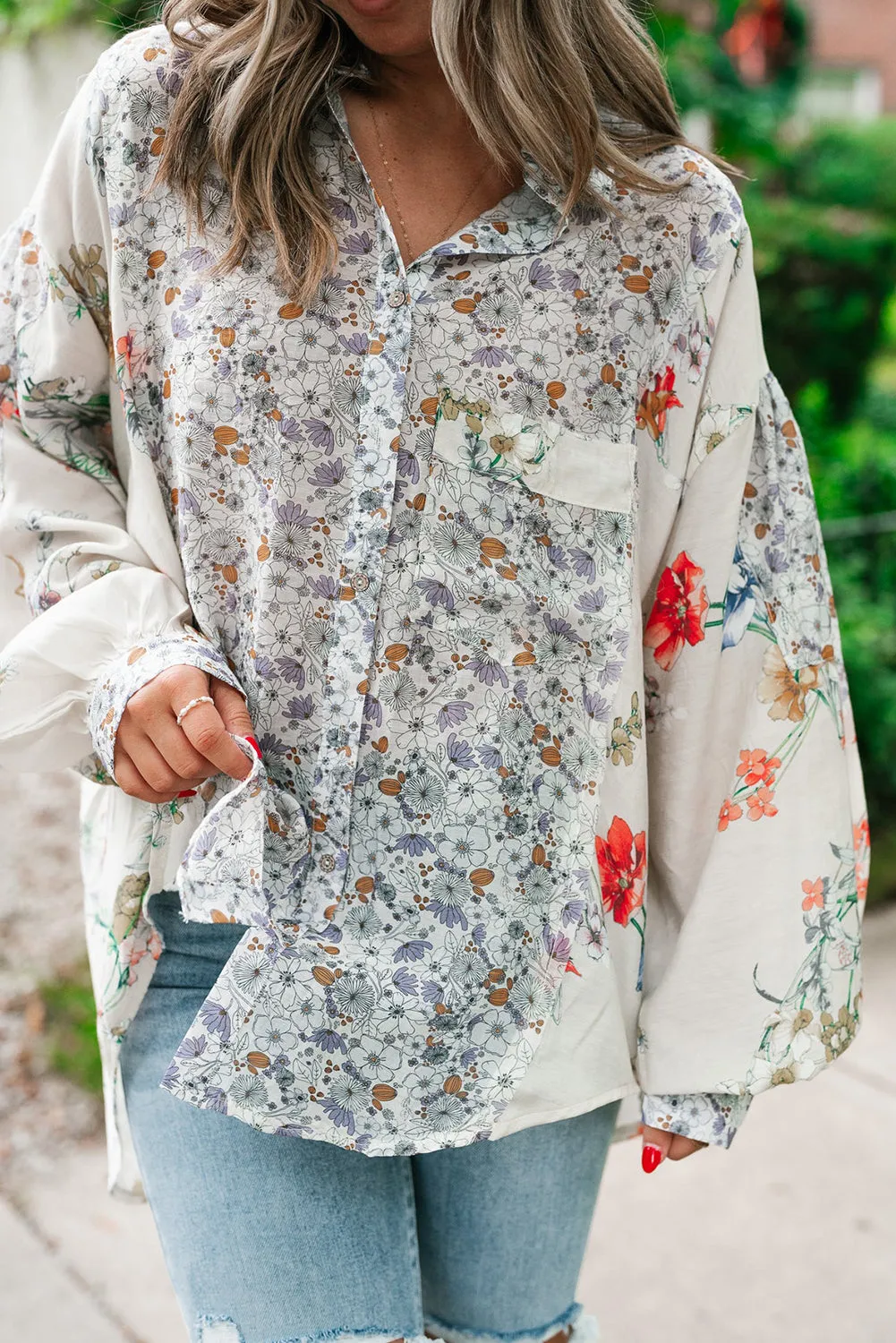 Purple Boho Floral Bishop Sleeve Button Up Loose Shirt sold by Beagle Boutique product image thumbnail 3